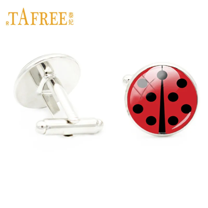 

TAFREE 2018 Red Black Miraculous Ladybug Shell Cufflinks Insect Shell Glass Cabochon Photo Groomsman Cuff Links Ornaments LB01