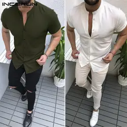 INCERUN Мужская Повседневная рубашка подставка с воротником приталенные топы с короткими рукавами однотонные модные брендовые мужские
