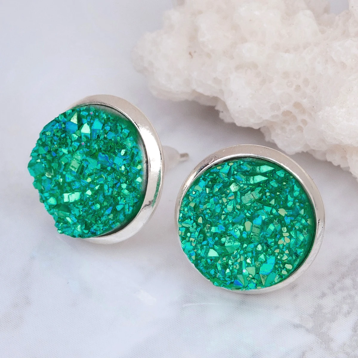 

Doreen Box Copper Post Stud Earrings Round Silver color Green AB Color W/ Stoppers 16mm x 14mm 2017 new