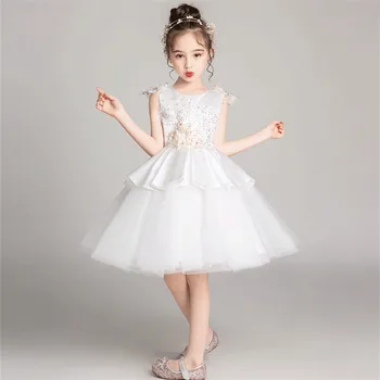 

Kids Toddler White/Champagne Color Birthday Wedding Party Appliques Flowers Prom Dress Kids Girls Tutu Piano Costume Mesh Dress