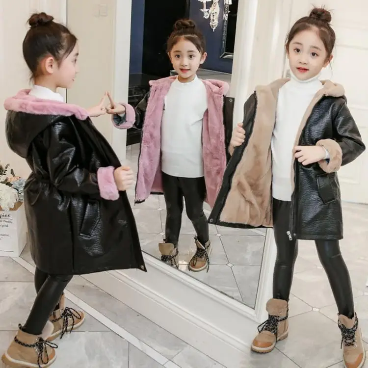 

2018 new children's clothing Girls fall winter coat thickened coat large children plus velvet leather Girls