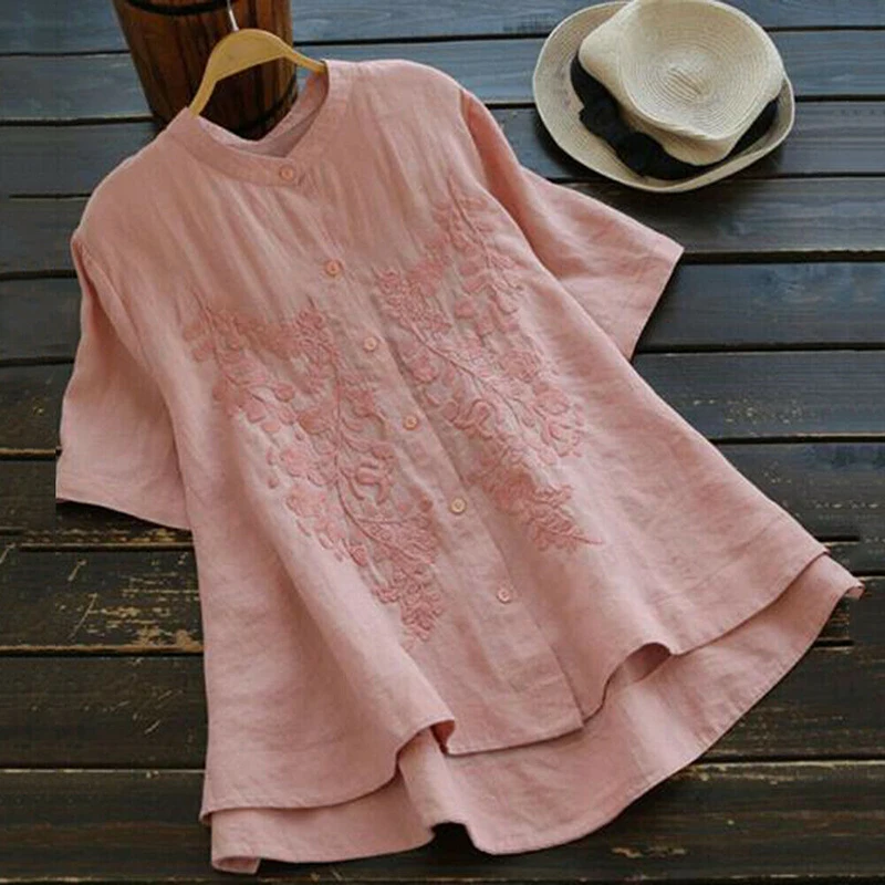 

Female Embroidered Irregular Collar Shirt Plus Size S-5XL Loose Button Down Casual Loose Short Sleeve Tunic Shirt Blouse Tops