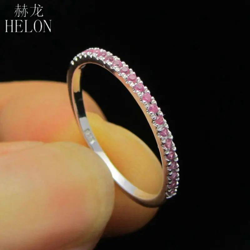 HELON Твердые 10 к белое золото стекируемые проложить Блестящий Природный розовый сапфир обручальное кольцо драгоценный камень кольцо на свадебный юбилей