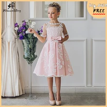 Милое розовое платье с цветами для девочек с аппликациями рукава по локоть длина до колена вечернее платье-трапеция с бантом из ленты на Рождество для детей до 12 лет