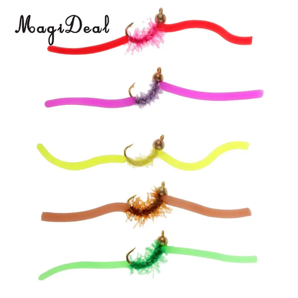 5pcs San Juan Worm Fly Fishing Trout Flies Assortment Power Bead Trout Nymph Fly Fishing Flies