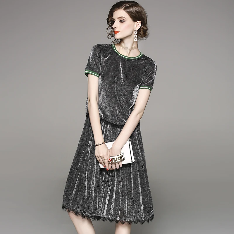 

spring summer woman clothing set green border collar cuff gray silver t-shirt + knee length pleated skirt shiny silver suit set