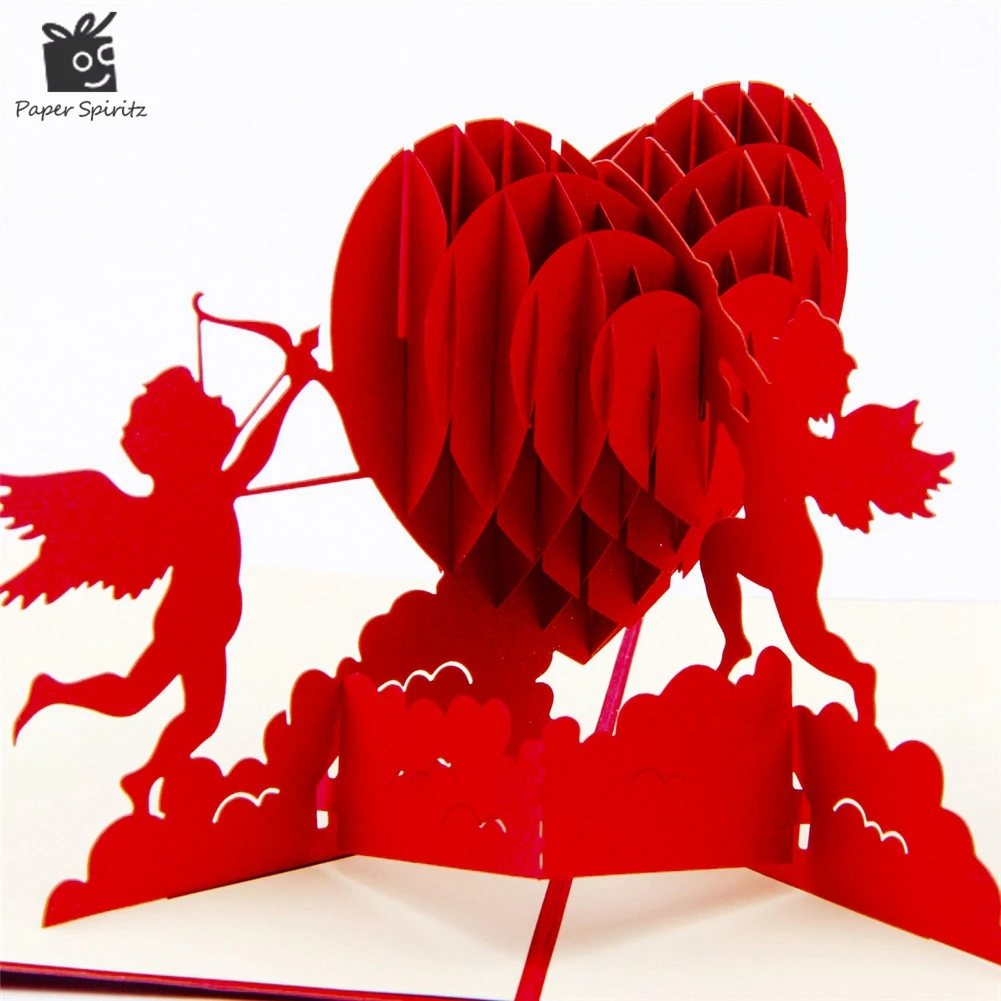 Image 2015 New Laser Cut Cupid Love Heart Handmade 3D Greeting Card Pop Up Cards With Free Envelop Red Wedding Gift For Guest Retail