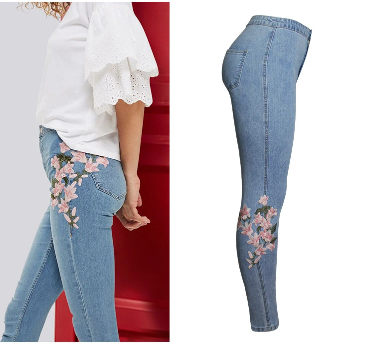 Europe and the United States 2018 spring new fashion embroidery Slim jeans female high waist thin hip embroidered pants (4)