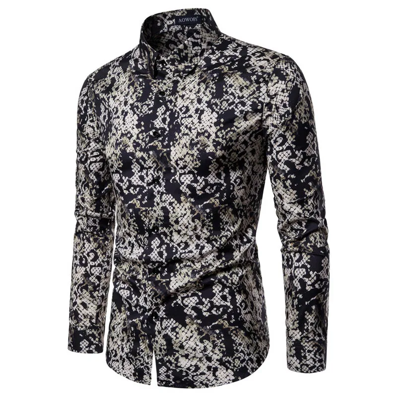 AOWOFS Mens Shirts Long Sleeve Snakeskin Print Shirts Men Slim Fit Spring Autumn Dot Snake Camisas Masculina Streetwear