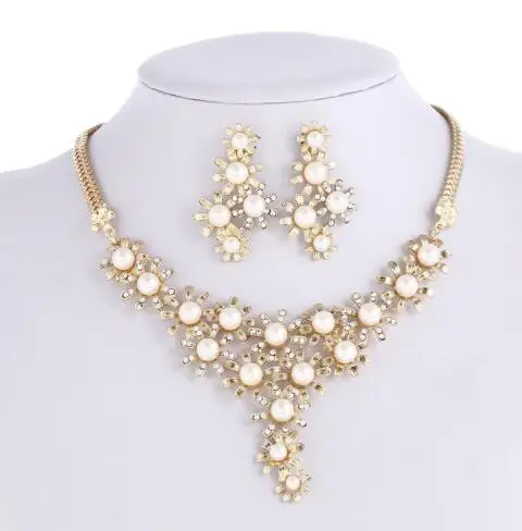 Gold Jewelry Set Свадебные ювелирные наборы из искусственного жемчуга для женских платьев, аксессуары, кубическое ожерелье, серьги, набор золотых свадебных платьев - Окраска металла: Gold Jewelry Set
