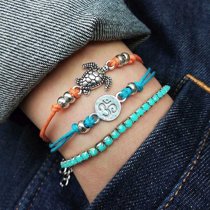 New Bracelet Vintage Wax Rope Turtle Anklet Tricolor Set Jewelry Summer Beach | Украшения и аксессуары