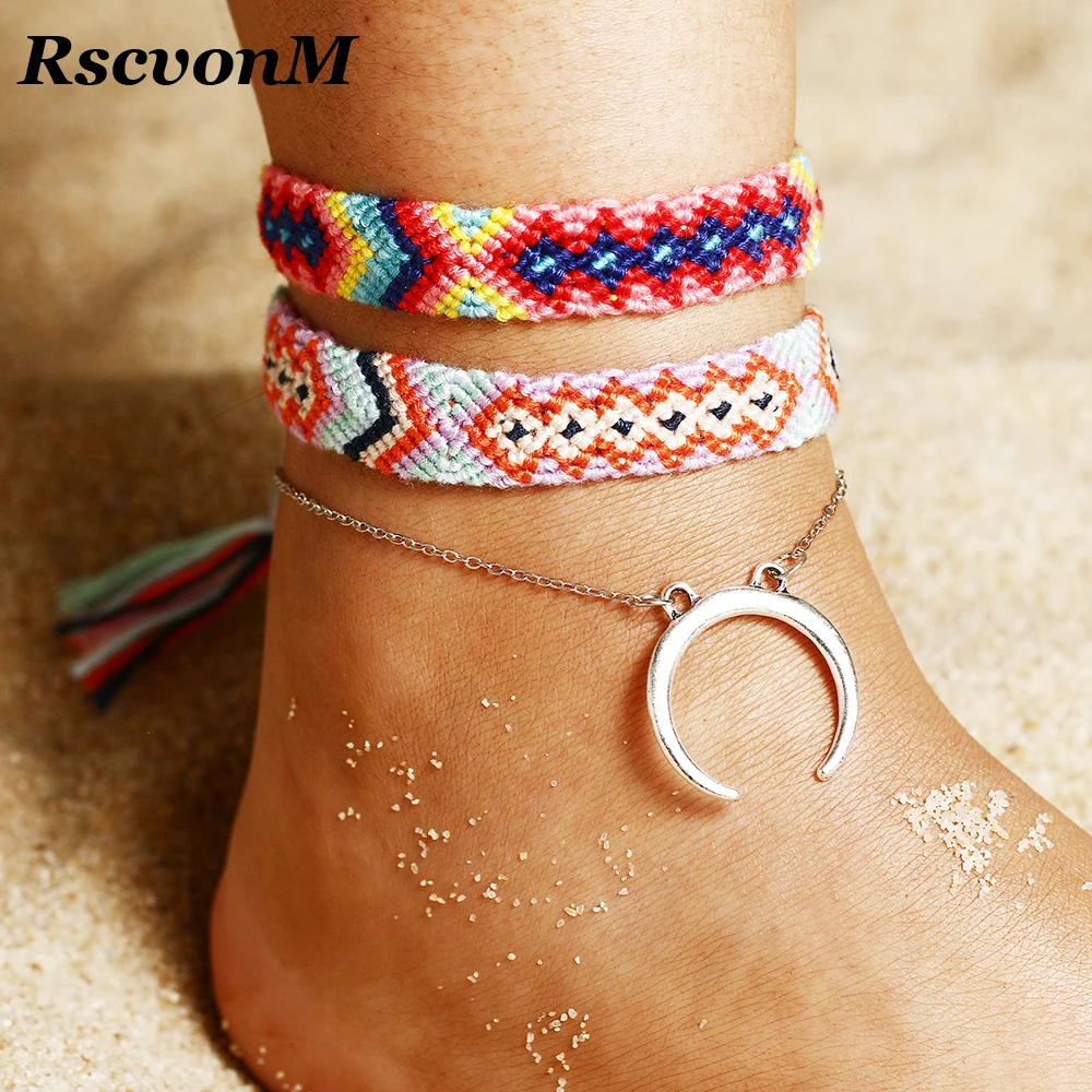 

MOON 2 PCS OM Rune Weave Anklets for Women Moon Handmade Cotton Anklet Bracelets India Female Beach Foot Jewelry Dropshipping