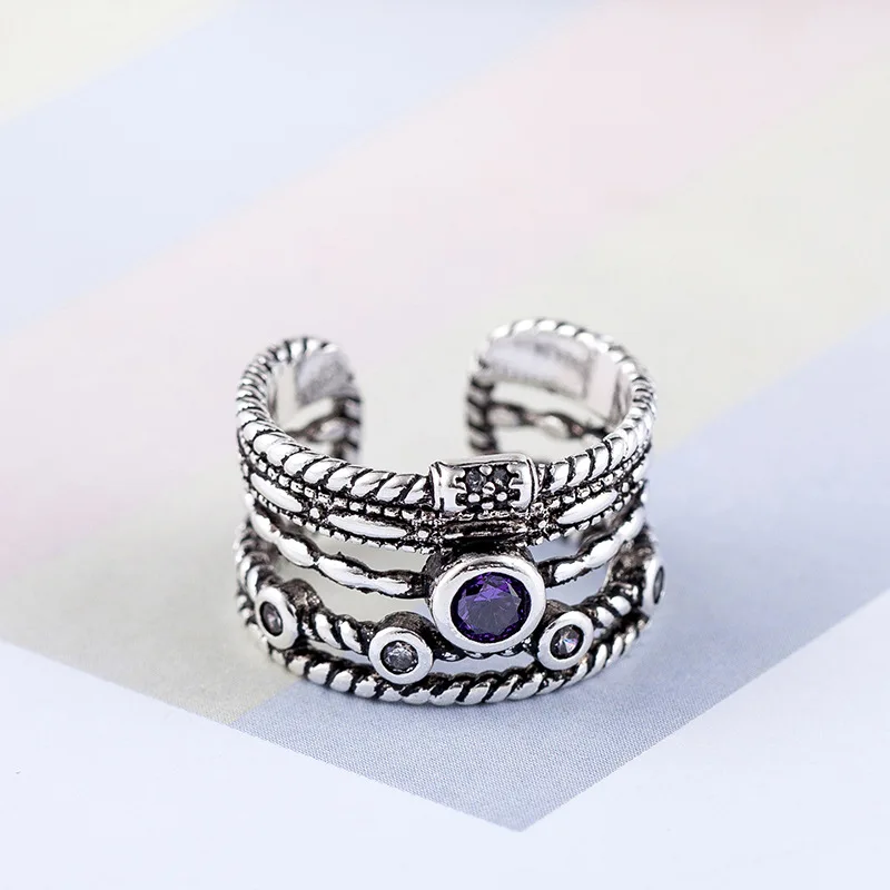 DIEERLAN богемное винтажное 925 пробы Серебряное многослойное кольцо с большим фиолетовым кристаллом для женщин женские массивные ювелирные изделия кольца на палец