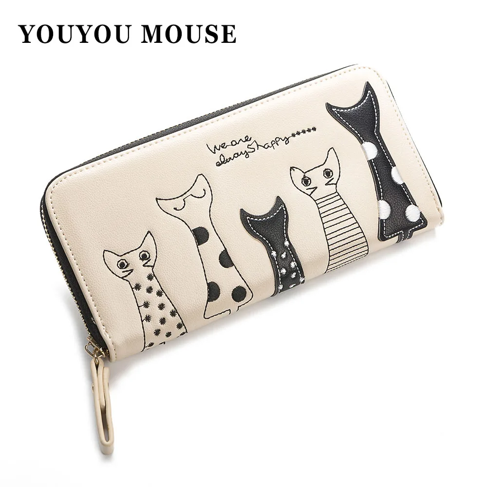 New Europe Women Cat Cartoon Wallet Long Creative Female Card Holder Casual Zip Ladies Clutch PU Leather Coin Purse ID Holder