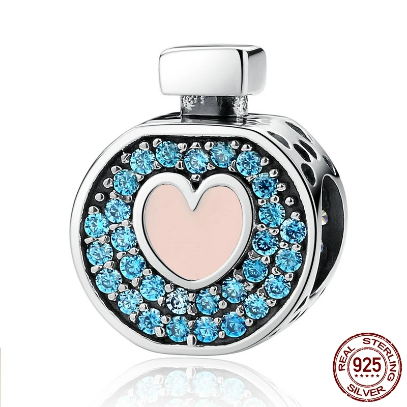 

FURUYA 925 Sterling Silver Soft Pink Heart Blue Crystals Perfume Bottle Charms fit Original Pandora Bracelet Necklace Jewelry