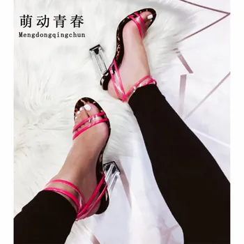 

Size 35-40 New Summer Square Heels Sandals Sexy Clear PVC Ankle Strap Shoes Leopard Grain Buckle Open Toe Party Wear Women Pumps