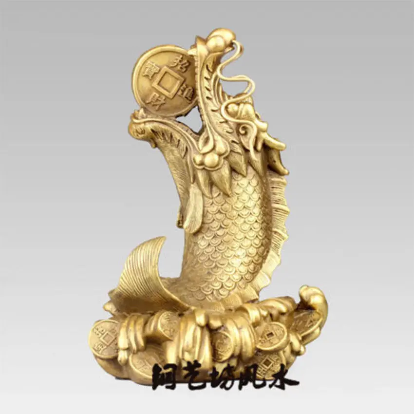 

China Fengshui Dragon Fish Bronze Statue Coins Bring Wealth