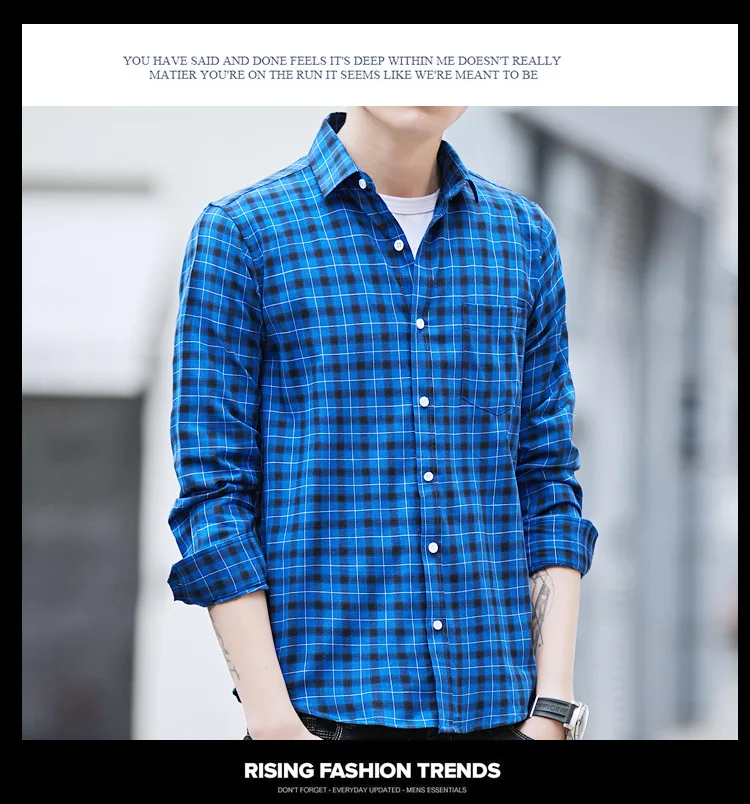 Рубашки в клетку из чистого хлопка весна осень мужские рубашки с длинным рукавом Корейская версия повседневная мужская одежда Camisa Masculina