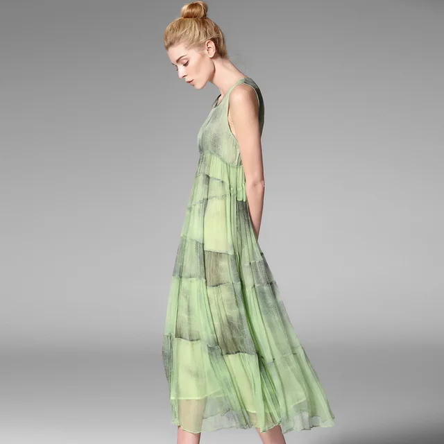 POKWAI Elegant Maxi Casual Summer Silk Dress Women Fashion High Quality