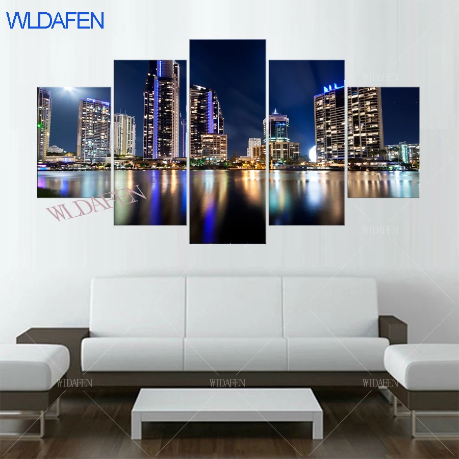 5 panel Modern Shanghai Gobi Beach City Canvas Wall Decor Living Room