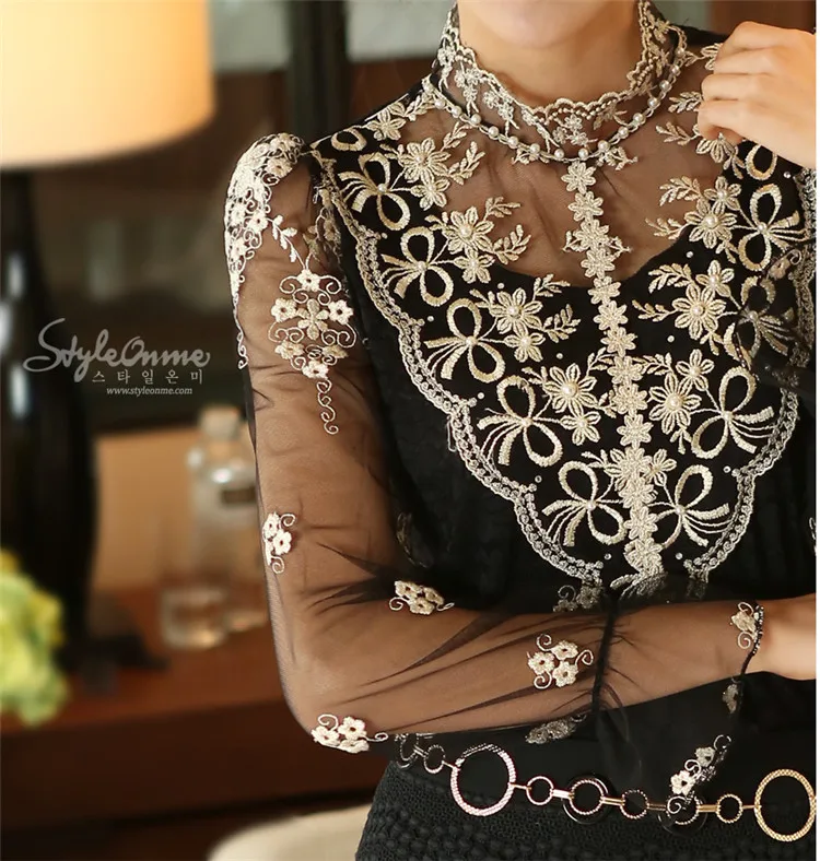 

new Spring fashion elegant Top female long sleeved Women blouses Slim Plus size chiffon lace shirt 980F 35