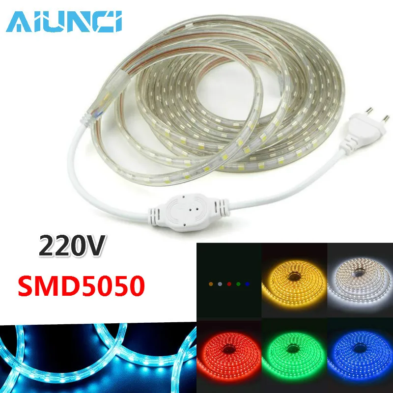 buy Waterproof SMD5050 AC 220V LED Strip Flexible Light 60leds m Led Tape led ribbon LED Light backlight With Power Plug 1M 2M 3M 5M
