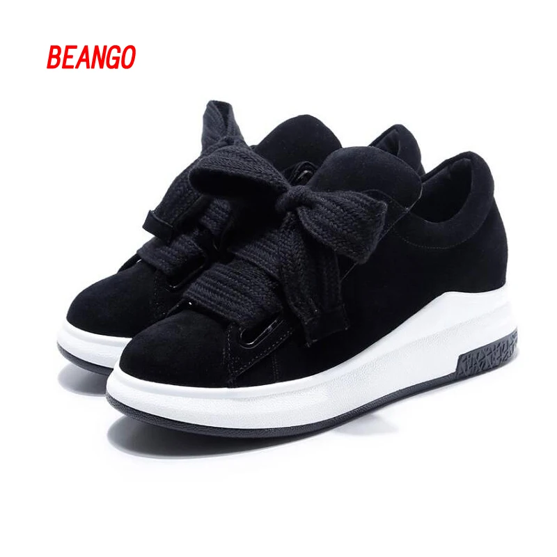 ФОТО BEANGO Spring & summer women lace up round toe deep mouth casual shoes wedges genuine leather leisure ladies shoes  gray black 