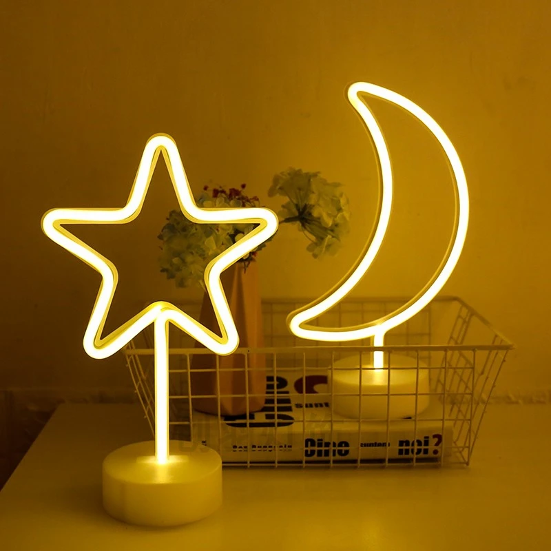 Decoración de fiesta luz de noche de neón Linda estrella de la luna Lightning Flamingo forma batería USB operado lámpara de neón para decoración de vacaciones