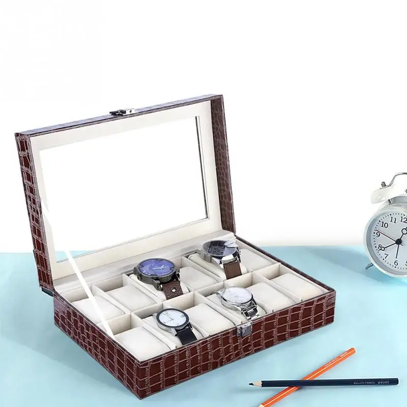 

12 Slots Grid PU Leather Watch Display Box Jewelry Storage Organizer Case Locked Boxes saat kutusu caixa para relogio