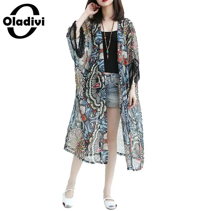 

Oladivi Plus Size Women Tassel Blouse Shirt Top Long Kimono Cardigan Beach Thin Outerwear Summer 2019 Sun Protection Cover Blusa