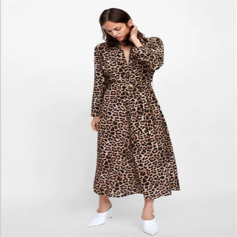 

Vintage Leopard Print Ankle Length Dress Bow Tie Sashes Long Sleeve Animal Pattern Chic Robe Maxi Dress Casual Vestidos Mujer