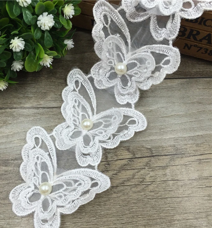 10pcs/lot two layer butterfly with bead Lace Applique Mesh Trim For