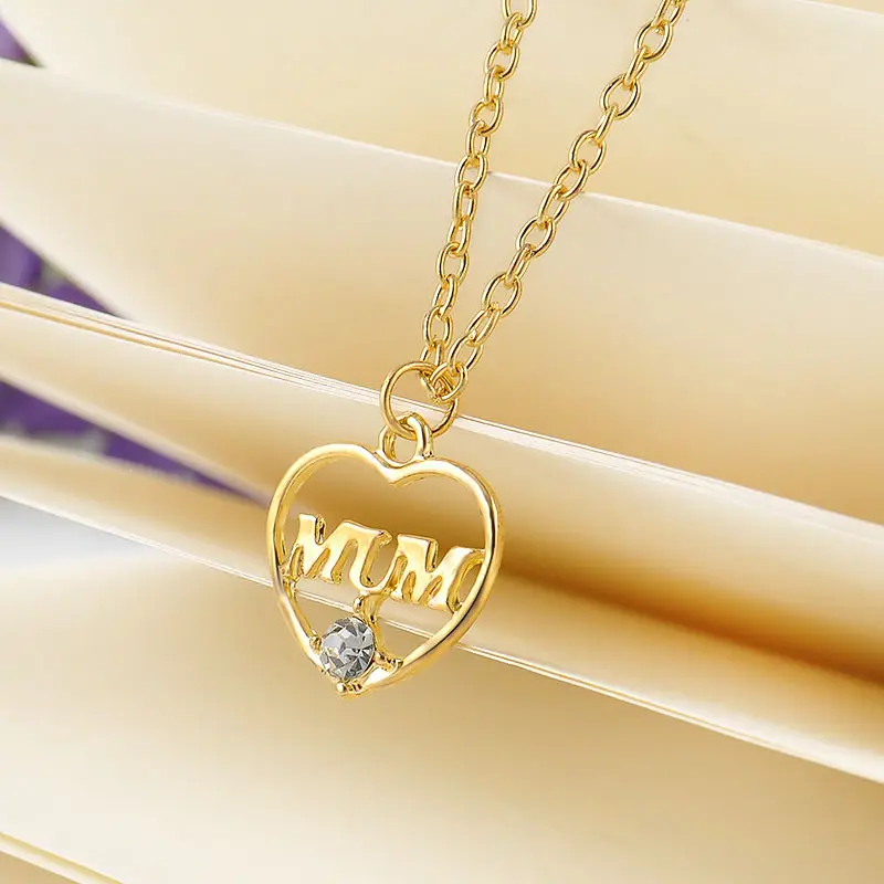 10PCS/Lot Mum Pendant Gold Gift Chain  Heart Love Jewelry Necklace Mothers day from daughter Rhinestone