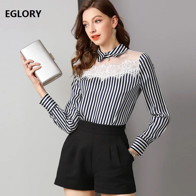 

100%Cotton Shirts 2019 Spring Summer Fashion Blouse Women Turn-down Collar Sexy Sheer Mesh Patchwork Long Sleeve Striped Shirt