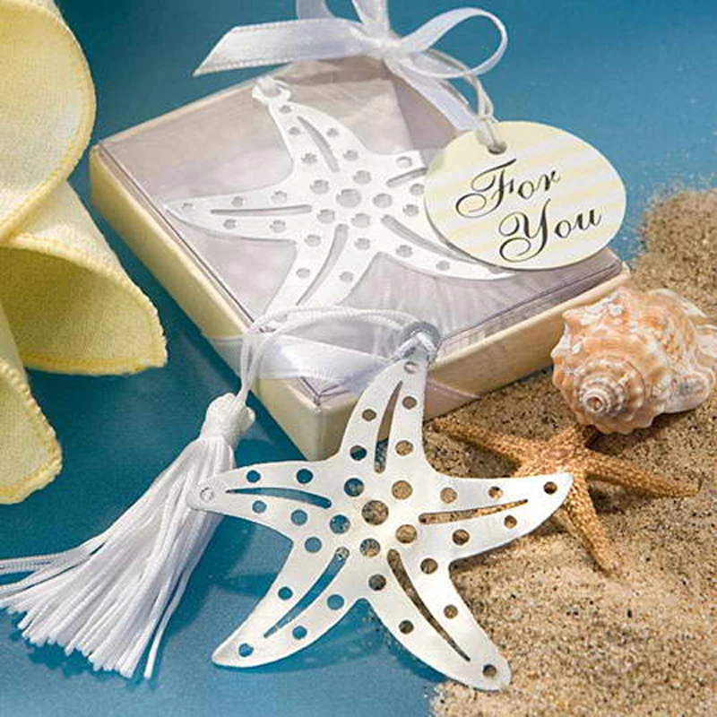 

30pcs/lot Wedding Favor Gifts Collection Silver Starfish Bookmarks Metal Favors with White Tassel Baby Shower Gift Free Shipping