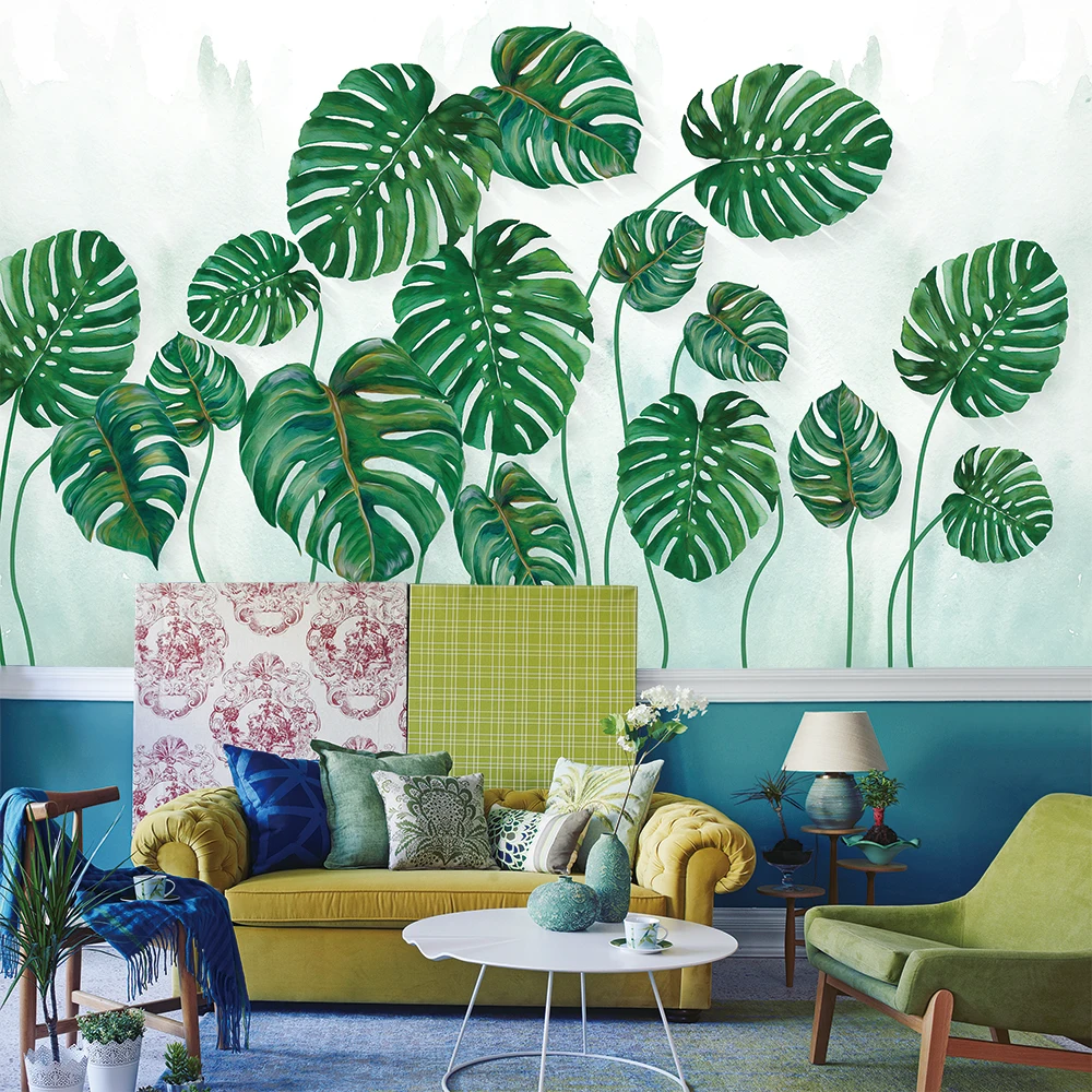 Papel tapiz 3d personalizado simple hojas verdes fondo estilo acuarela pared - seda material impermeable Papel tapiz 3d personalizado simple hojas verdes fondo estilo acuarela pared - seda material impermeable