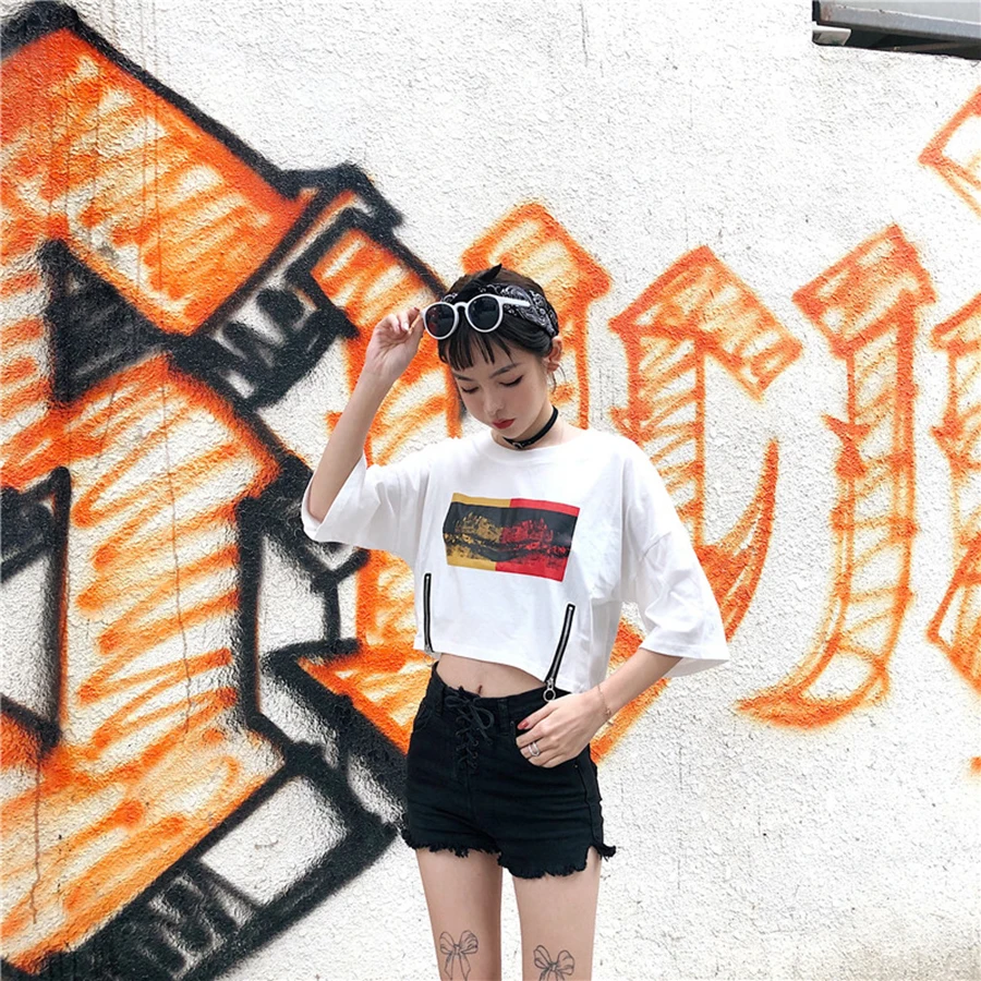 AULEAD Harajuku Повседневная футболка женский летний топ укороченная уличная одежда