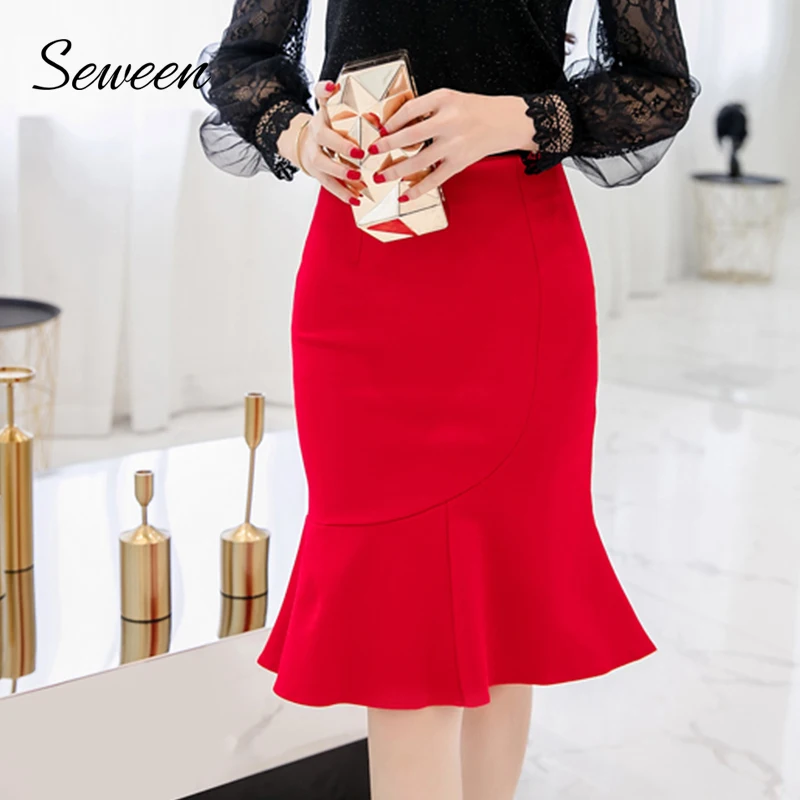 

Korean Ruffles Mermaid Skirt Women 2018 New Fashion Slim Office Skirts Womens High Waist Black Red Trumpet Skirt 5XL Plus Size