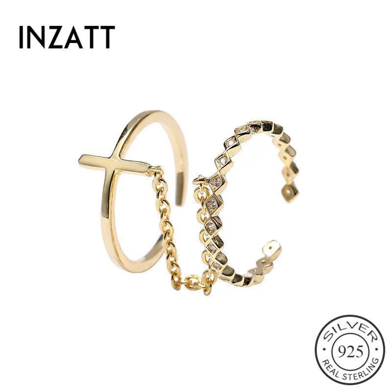 

INZATT Real 925 Sterling Silver Zircon Cross Chain Opening Ring For Women Party Bohemia Fine Jewelry Geometric Ring Accessories