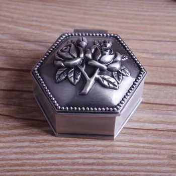 

Hexagon Shape Embossed Rose Flower Design Antique Pewter Metal Treasure Trinket Box