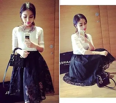 Женская двухслойная мини юбка с цветочным кружевом|mini skirt|black skirtlong elastic |