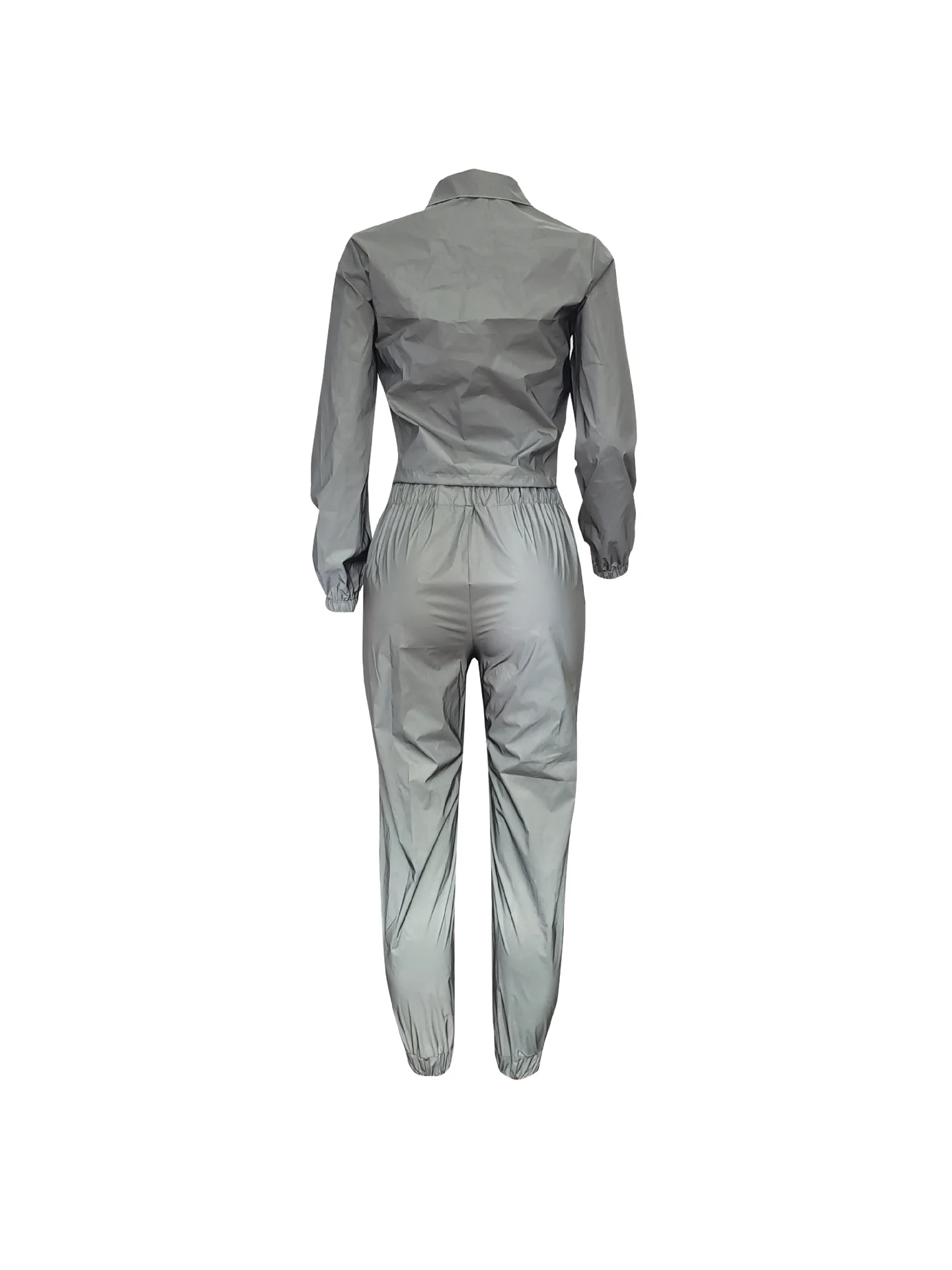 Women Sexy Reflective Tracksuit Night Version Buttons Turn Down Collar Long Sleeve Crop Top+ Casual Pants Two Piece Set