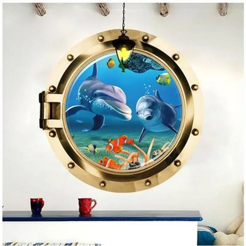 Si Di Ke 3d подводная лодка Иллюминатор Настенные наклейки для детской комнаты детская игровая комната Акула Медуза черепаха животные наклейки Фреска