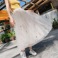 На лето и весну WomenTulle юбки Кружева линия плиссированные сетки звезд накладки, эластичные Высокая Талия модные длинные юбки