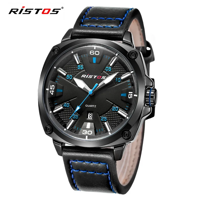 RISTOS мужские спортивные часы повседневные кварцевые из натуральной кожи Reloj Masculino