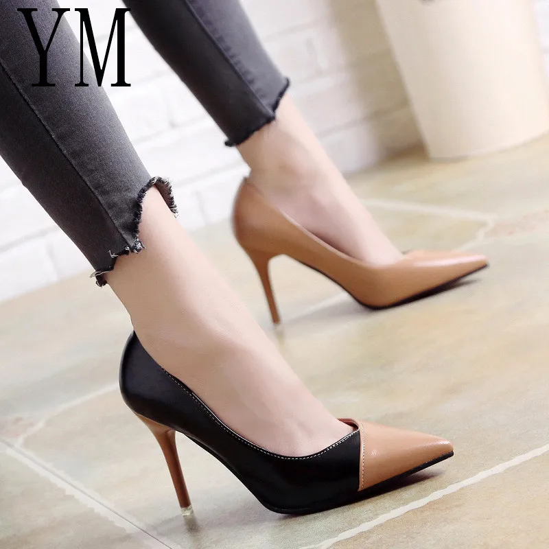 2018 Women Pumps OL Fashion Spell Color High heels Single Shoes Female Spring Summer Patent leather Wedding Party shoes Woman