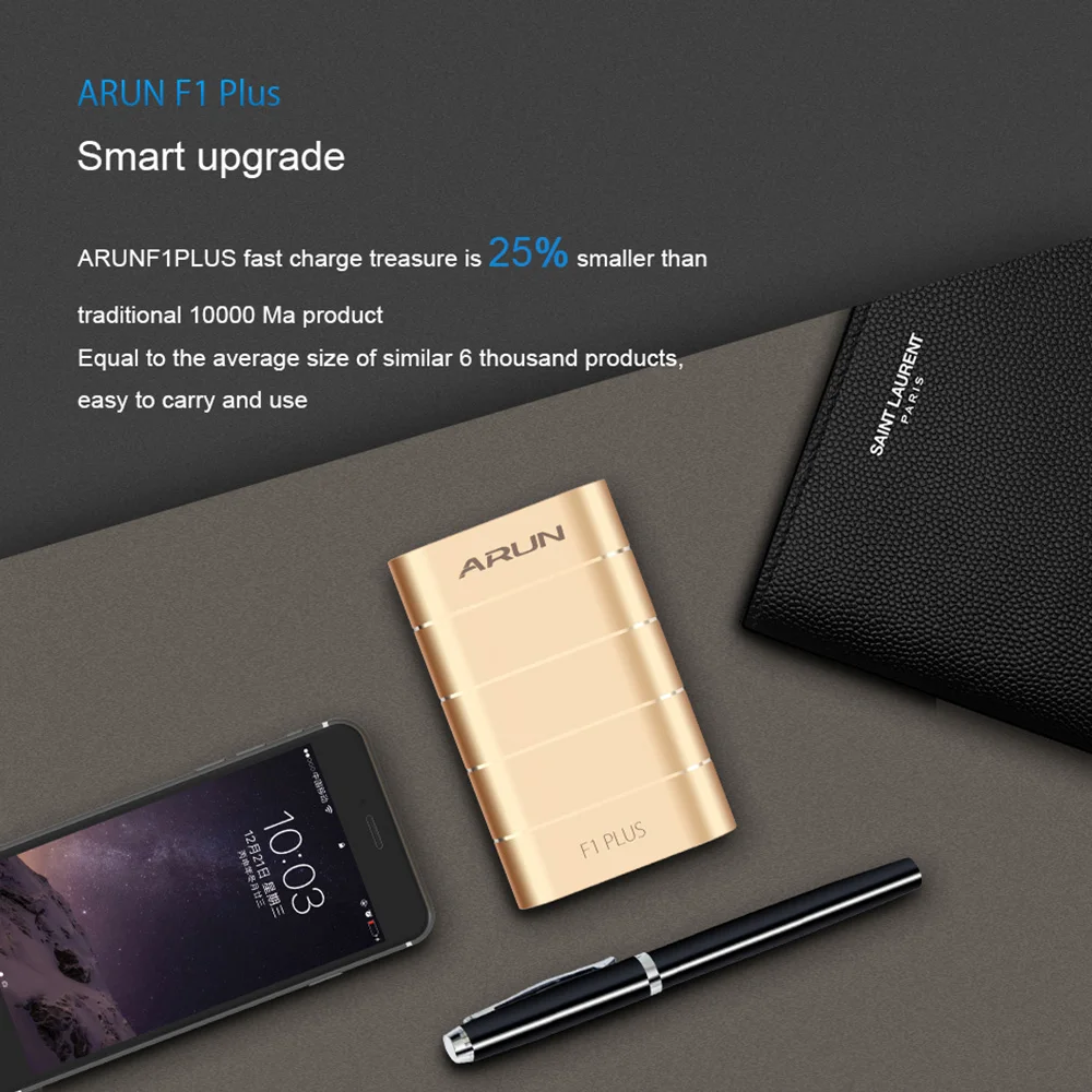 ARUN F1PLUS 10000mah Quick Charge External Battery Charger Fast Charging Portable Power Bank for Samsung iPhone 6s Xiaomi Huawei