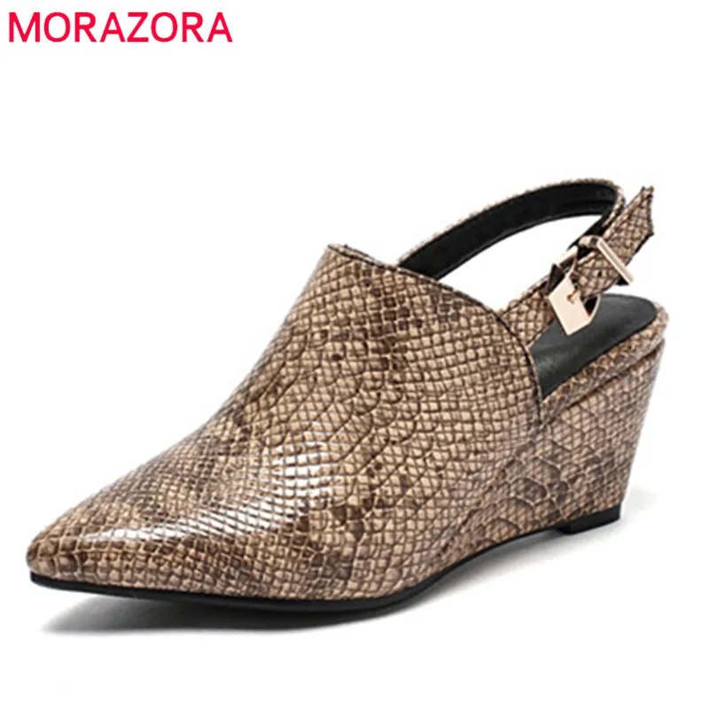 

MORAZORA 2019 newest pointed toe women pumps slingback summer shoes buckle elegant wedges shoes women sandals big size 43