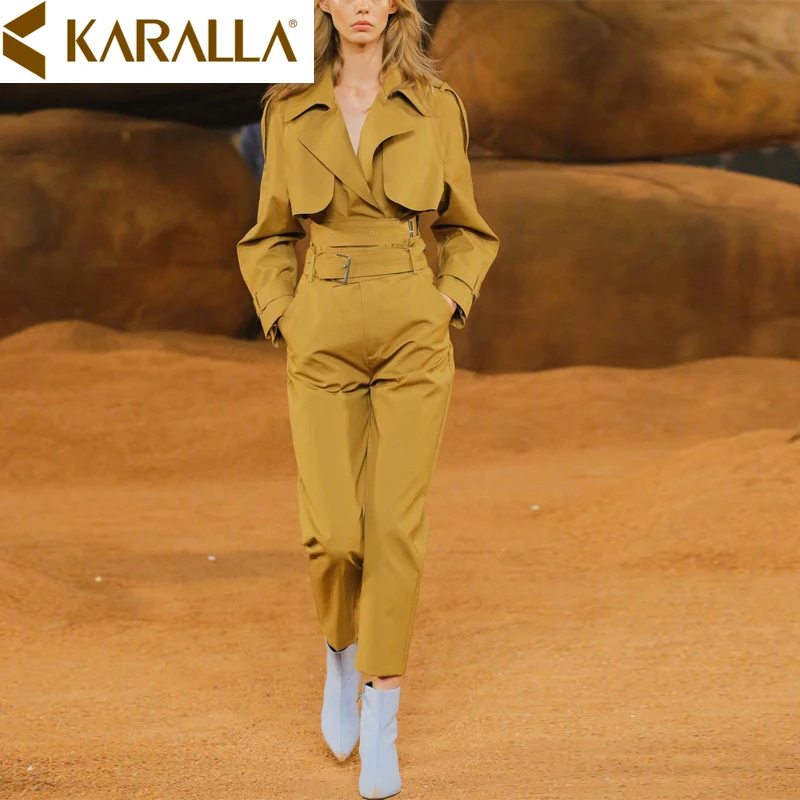 

Spring New Two-piece Suit Set Quality Women Ruffled Decoration Short Trench Coat + High Waist Tapered Pants C424