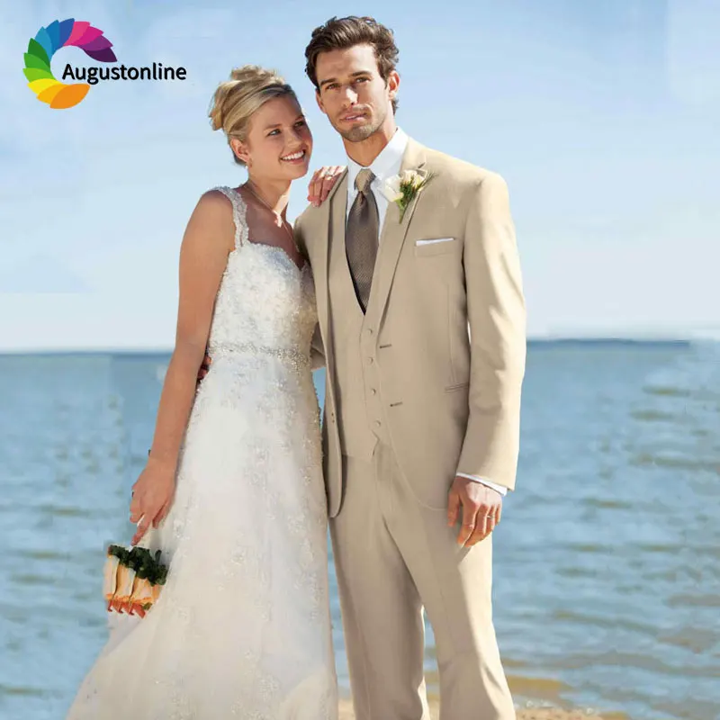 

Beige Beach Wedding Suits for Men Groom Tuxedos 3Piece(Jacket+Pants+Vest)Groomsmen Suits Best Man Blazer Prom Wear Custome Homme